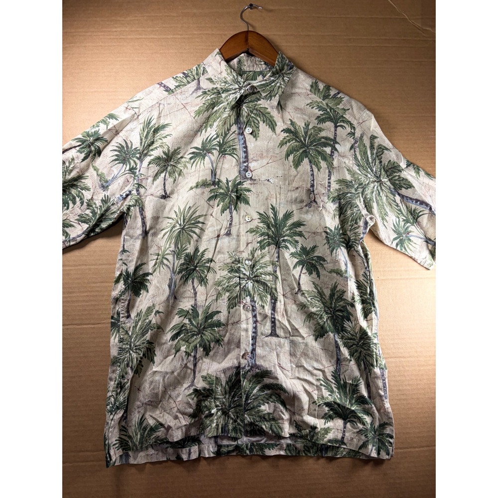 Tori Richard Hawaiian Shirt Mens Medium Beige Green Palm Tree Cotton Aloha Top
